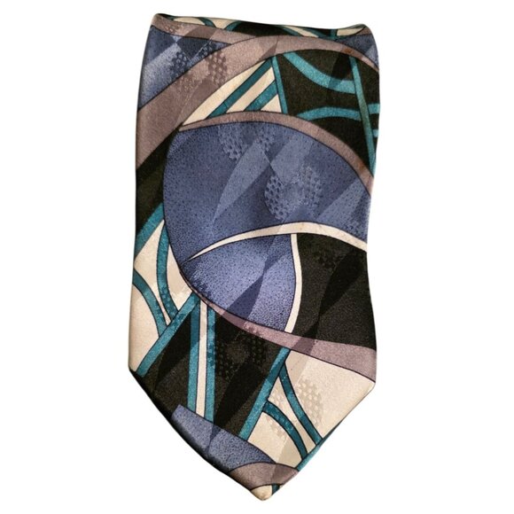 Vintage Necktie Screenplay Martin Wong Silk Geometric Abstract Blue Black Beige - Picture 8 of 8